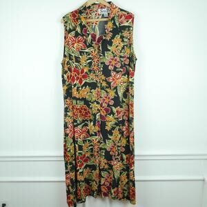 Vintage 3X Dress 90s Midi Button Front Sleeveless Tropical Floral Rayon Boho